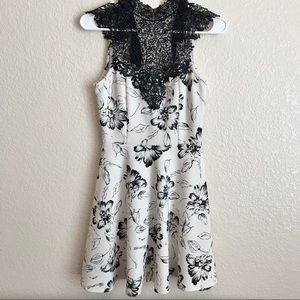 Black and White Floral Dress with Lace Neckline